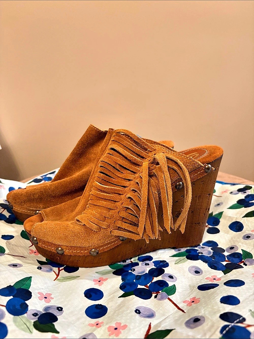 Sbicca Fringe Wedge Sandals in suede Brown